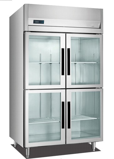 Aufrechte industrielle versorgende Kühlschrank-Edelstahl-Küche zeigen Glastür vier an