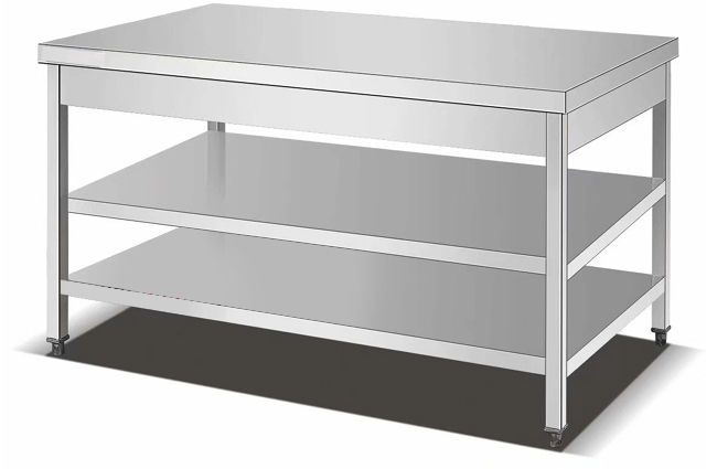 Restaurant-Edelstahl-Funktions-Tabellen-Versammlung, die drei Plattform Worktable mit Rückenlehne-Handelsbestand-Gestell einzäunt